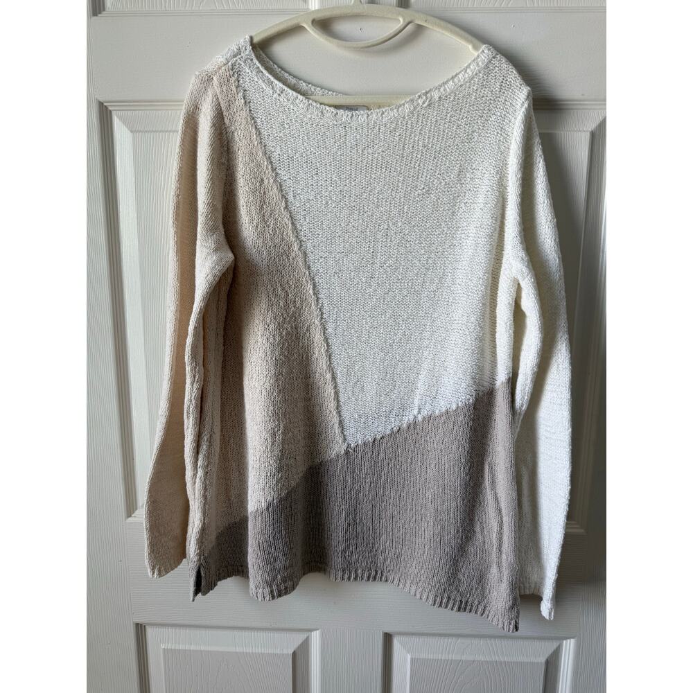 Pure Jill Colorblock Cotton Sweater Neutral Cream Taupe Womens Large Coastal